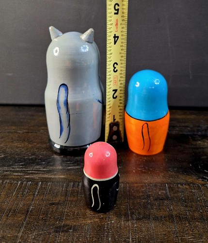 Russian Nesting Dolls Wood Handmade Matryoshka Cats 3D Ears Kids Toys (Set Of 3) - Picture 7 of 8