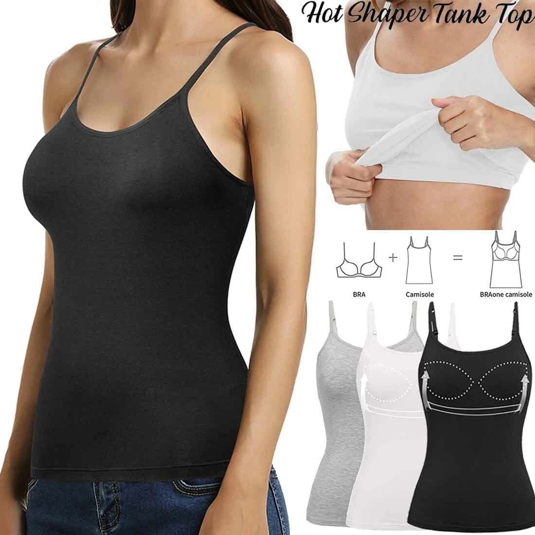 Women Camisole with Built-in Bra Adjustable Spaghetti Strap Padded Vest Tank  Top