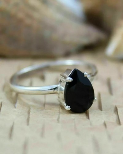 14K White Gold Plated 1.20Ct Pear Cut Black Diamond Solitaire Ring Lab Created