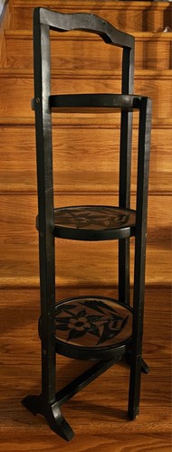 VTG Wood Folding Pie Cake Rack Stand 3 Tier Decorative Carved Bird Flower 31x10 - Picture 5 of 11