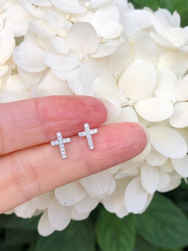 925 Sterling Silver Cz Cross Stud Earrings Tiny Pave Studs Mens Womens 8.5mm - Picture 11 of 13