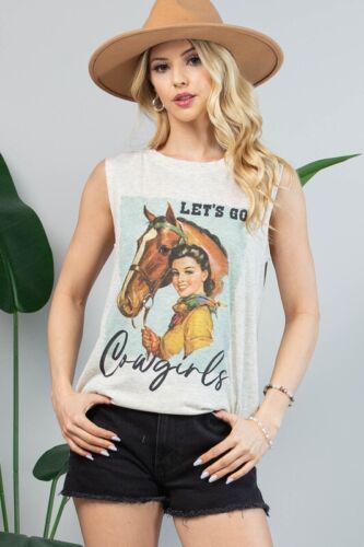 Western Vintage Girl Cowgirl Shirt Beige Sleeveless - Picture 3 of 6