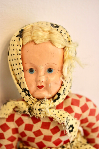 Antique Blonde Colorful Rag Doll Poland Vintage 1900s Stuffed Toy + WOOD stand - Picture 5 of 13