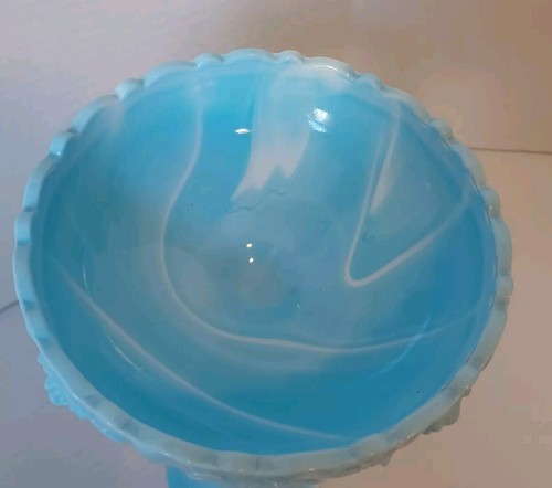 Fenton Cabbage Rose Blue Marble Slag Glass Candy Dish Pedestal Compote - Picture 7 of 13