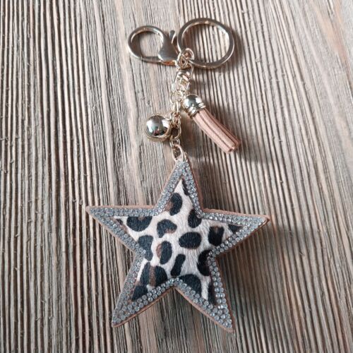 Portachiavi leopardato stella strass nappa bling boho cowgirl borsa ciondolo clip - Foto 2 di 5