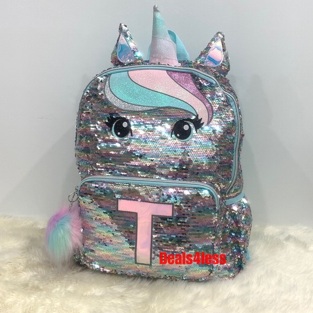 Justice Backpack Pastel Unicorn Initial T Flip Sequin Bling RARE SOLD