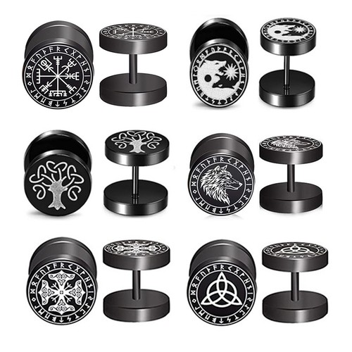 Norse Viking Runes Wolf Head Earring For Men Women Hoop Stainless Steel Stud Set - Picture 38 of 71