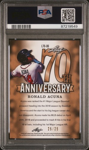 2018 Leaf 70th Anniv. Purple, RONALD ACUNA Rookie PSA 8 Pop 1! + FREE SHIPPING! - Picture 2 of 3