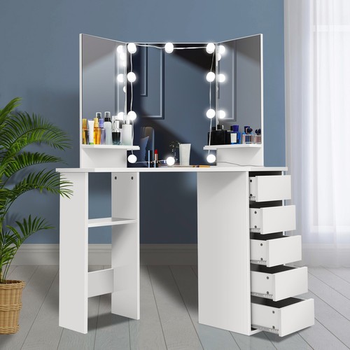 Corner Makeup Vanity Desk w/ Mirror and Lights 44'' Bedroom Vanity Table Shelf' - Picture 10 of 10