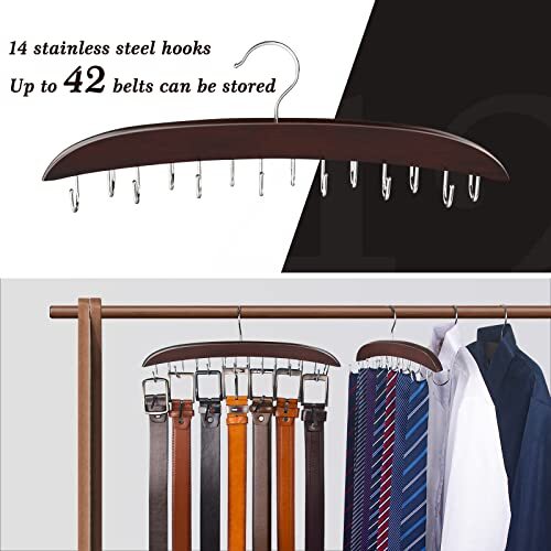 Belt Hanger4 Hooks Belt Holder for Closet, Wooden Tie/Belt Rack 1 Walnut Wood - Picture 2 of 6