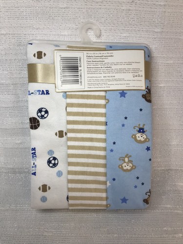 CARTER'S LOT 3 RECEIVING BLANKETS BLUE FLANNEL MONKEY SPORTS STRIPED BOY NEW - Picture 8 of 12