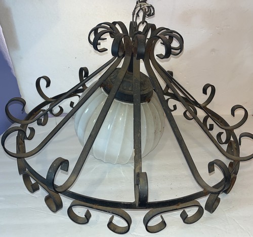 VTG Wrought Iron Gothic Spanish Revival CHANDELIER Ceiling LiGHT Fixture Shade - Picture 1 of 9