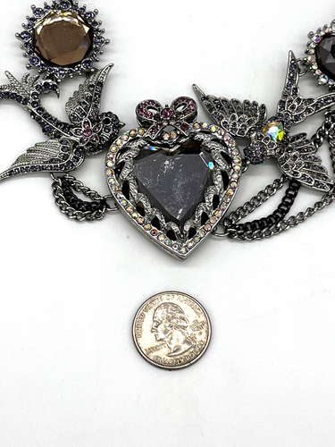 Betsey Johnson Love Bird Sparrows Mirrored Heart Crystals Bib Necklace Ring Set - Picture 12 of 24