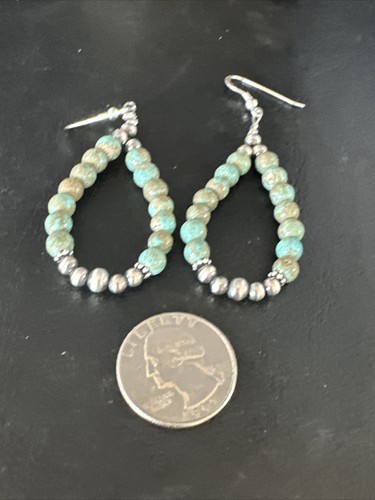 Green Turquoise Bead Sterling Silver Beads Earrings 2" 15141 - Picture 5 of 12