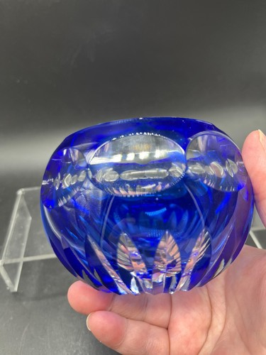 COBALT ROYAL BLUE Cut to Clear Crystal Ashtray 1970’s - Picture 3 of 10