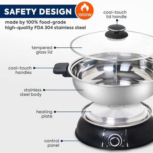 Austric Electric Dual-Sided Shabu Shabu Mongolian Hot Pot 304 Stainless Steel 5L - Picture 3 of 10