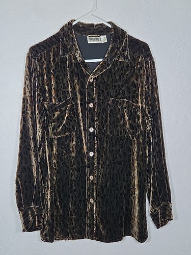 VTG Chico's Animal Print Velvet Silk Blend Button Down Long Sleeve Shirt Sz 2/ L