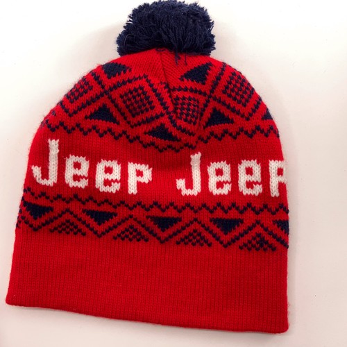 Vintage Jeep Made Canada Winter Pom Pom Hat Red Blue White - Picture 2 of 6
