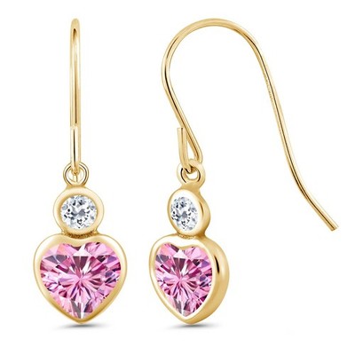 14K Yellow Gold Earrings Heart Shape Pink Moissanite and Topaz (1.28 Cttw)