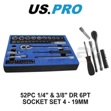 US PRO Tools 52pc Socket Set 1/4" 3/8" DR Metric 4 -19mm 6 Point in EVA Foam