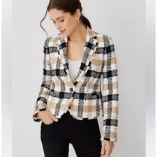 ANN TAYLOR Newbury Blazer Jacket Tweed Plaid Tan Black White Sz 12 228 PP22 