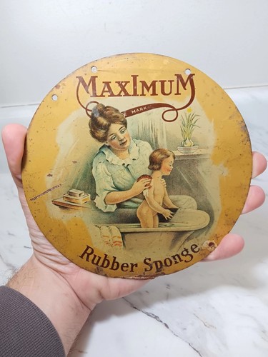 RARE 1900s MAXIMUM Rubber Sponges Original Victorian Advertising Metal Sign 6.5" - Picture 2 of 10