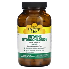 Country Life Betaine Hydrochloride with Pepsin 600 mg 250 Tablets Gluten-Free,