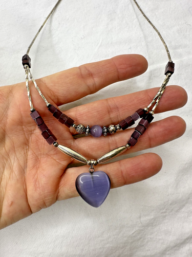 Purple Heart Cats Eye Pendant Liquid Silver Beaded Necklace Double Layer Wire - Picture 2 of 7