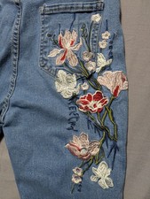 High Rise Flare Jeans with Floral Embroidery - Women’s Large - Y2K Stretch Denim