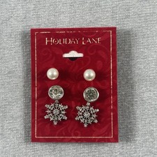 New Holiday Lane Christmas Snow Flake White Rhinestone Stud Dangle Earrings