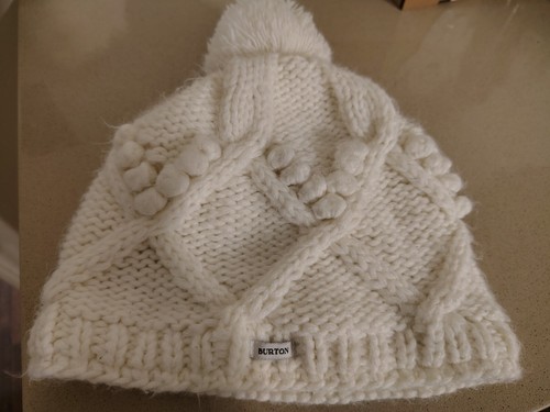Burton Women's/ Girls White Chunky Knit Beanie Fleece Lined Pom - Picture 2 of 6