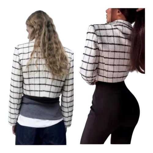 Blazer Zara donna M bianco misto lana tweed a quadri nero bottoni oro cropped NUOVO - Foto 12 di 14