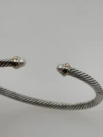 David Yurman 925 Sterling Classic 4mm Cable Bracelet Freshwater Pearl 18k Y Gold