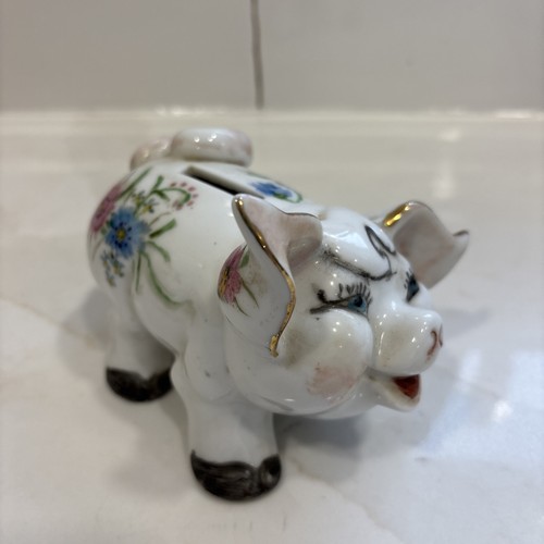 Hucha de cerámica de cerdo vintage decoración de flores - Imagen 2 de 6