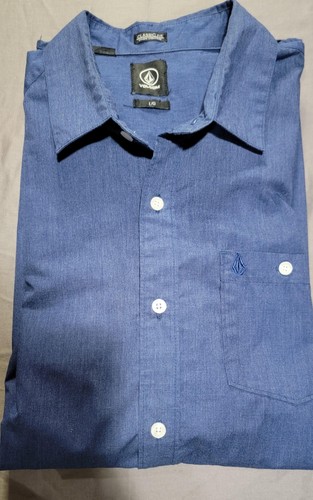 Volcom Shirt Mens Large Blue Everett Solid Long Sleeve Embroidered pocket logo - Picture 1 of 9