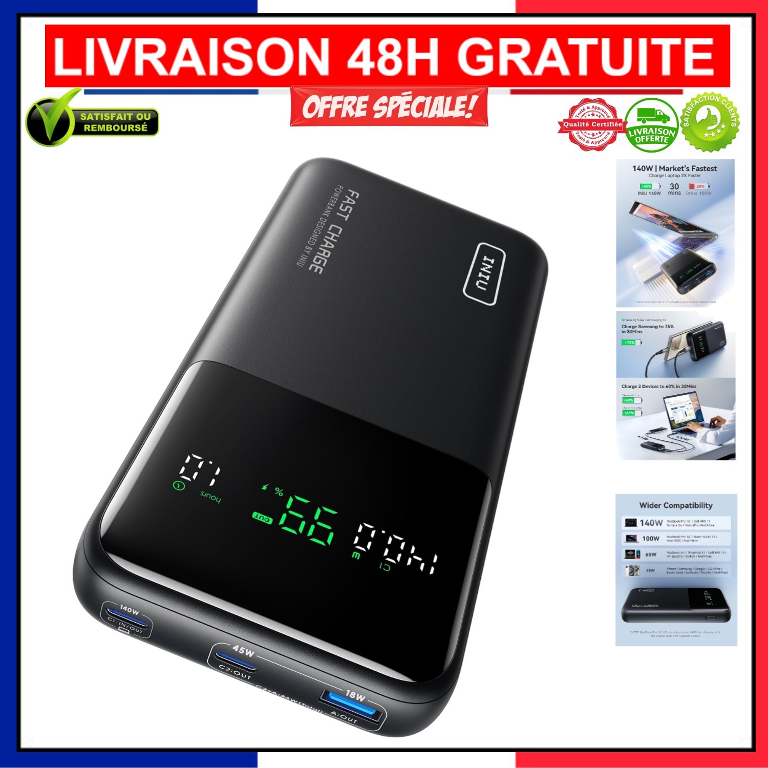 Batterie externe 140W INIU anti-panne d'énergie pour ordinateurs et téléphones de professionnels