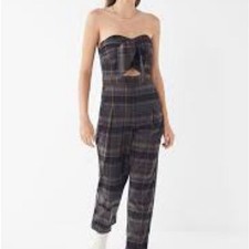 Urban Outfitters Strapless Plaid Cutout Jumpsuit Navy Blue Grey Brown Small