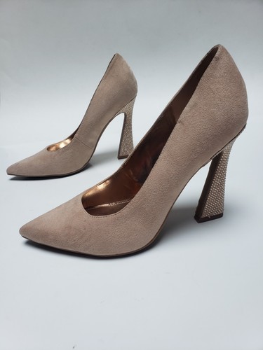 NINE WEST Women's Fashion Pumps Beige Faux Suede Rhinestones Heels Size 9.5 - Picture 6 of 11