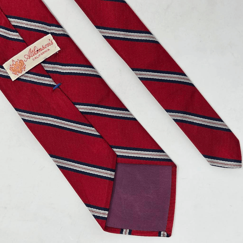 ATKINSONS CALIFORNIA SEIDENKRAWATTE ROT BLAU HELLBRAUN REPP STREIFEN SATIN 3,25" x 56" - Bild 3 von 3