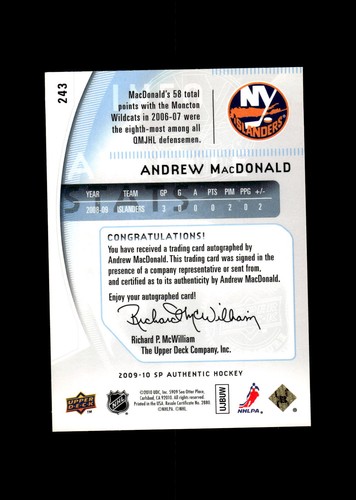2009-10 SP Authentic Andrew MacDonald Autograph #/999 New York Islanders - Bild 2 von 2