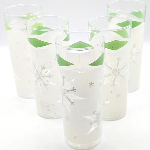 5 VTG Tumblers Atomic Snowflake 7" Glass Libbey Or Anchor Hocking Green Frost