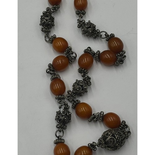 Antique Amber Honey Bakelite Bead 30” Silver Tone Filigree 84g Tested Necklace - Picture 10 of 11