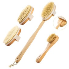 Dry Brushing Set Natural Body Brush Wood Long Handle with 3 Detachable Heads