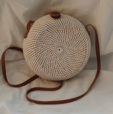 francesca's Woven Round Crossbody Bag Brown Leather Strap Snap Bohemian