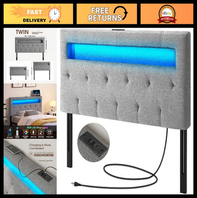 Twin Size Headboard with 60,000 Color LED Lights, USB & Type C Ports, Adjustable