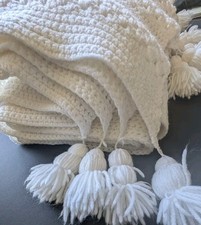 Handknit Crochet Throw Afghan LONG 40x108 White Stripe Tassel Cottage Granny