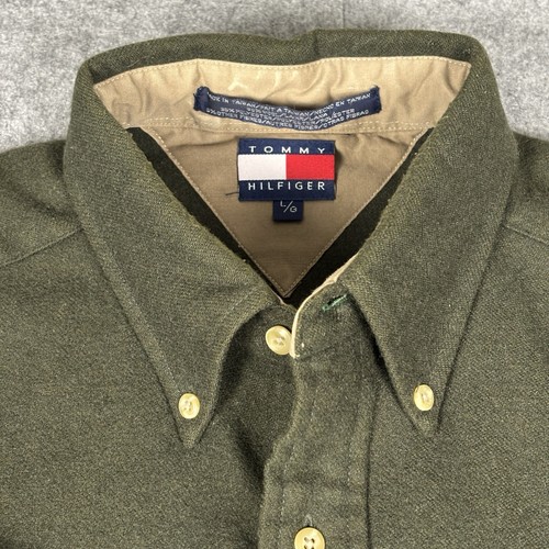 Vintage Tommy Hilfiger Hemd Herren L Grün Button Down Wappen Tasche