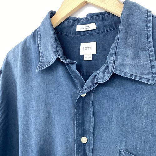 J.CREW Shirt Mens XL 17.5 Washed Linen Woven Button Up Short Sleeve Blue - Picture 2 of 13