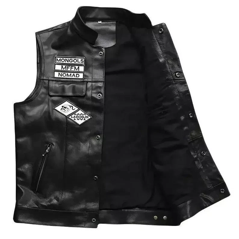 MONGOLS Men's Motorcycle Leather Vest – Black Cowhide Biker Waistcoat Embroidery - Image 3 of 4