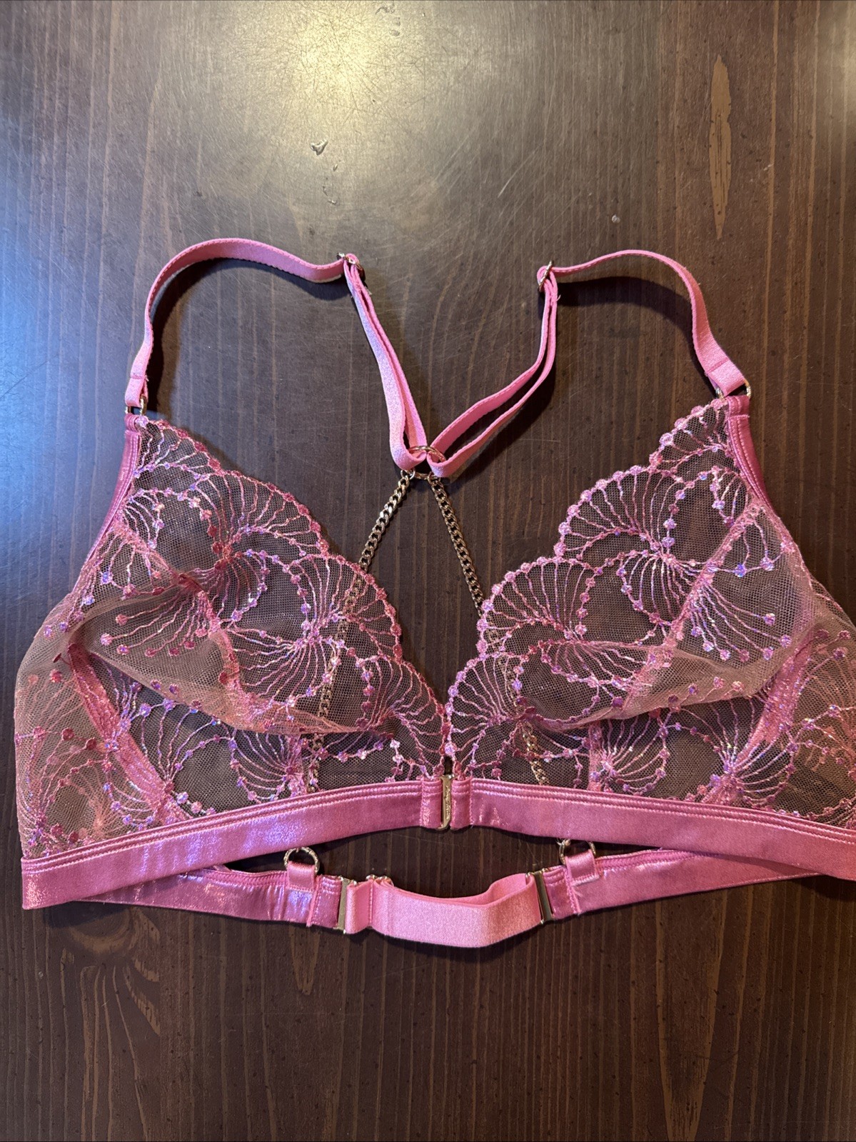 Honey Birdette Sz XL Noelle Pink Chain Floral Embroidered Iridescent Bralette